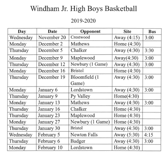 Junior High Boys' Basketball Schedule