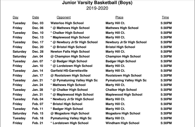 jv boys basketball schedule
