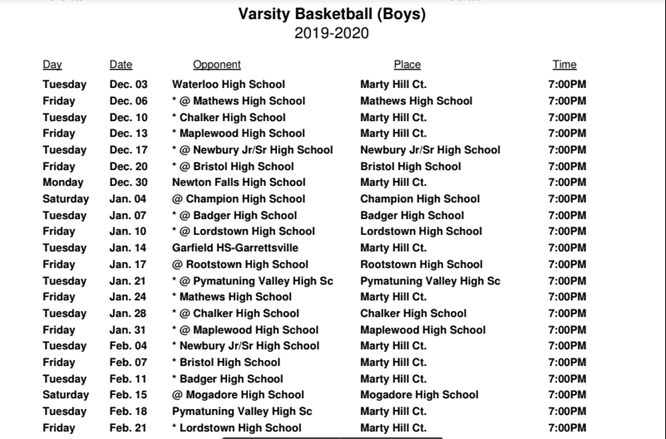 varsity boys basketball schedule